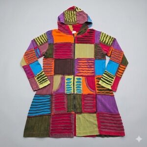 GreaterGood Patchwork Razor Cut Hoodie Jacket Long Coat Boho Hippie Festival L